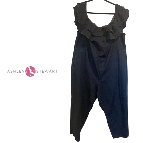 Ashley Stewart Plus Ruffle Off-Shoulder Sleeve Denim Jumpsuit Size 26 - Picture 1 of 11